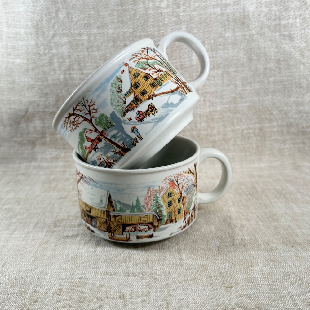Vintage Korean Scenic Soup Mug Set Cottagecore Stoneware Cups Pair